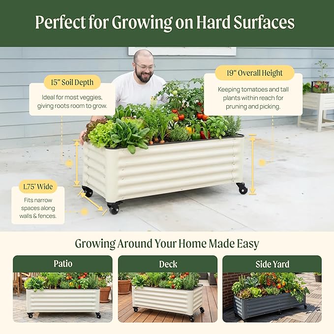 Vego garden Classic Rolling Garden Bed – 1.75' Mobile Metal Raised Garden Bed for Patio, Deck, Balcony – Deep Planting Space, Durable & Easy to Move (Olive Green, 1.75'X4')