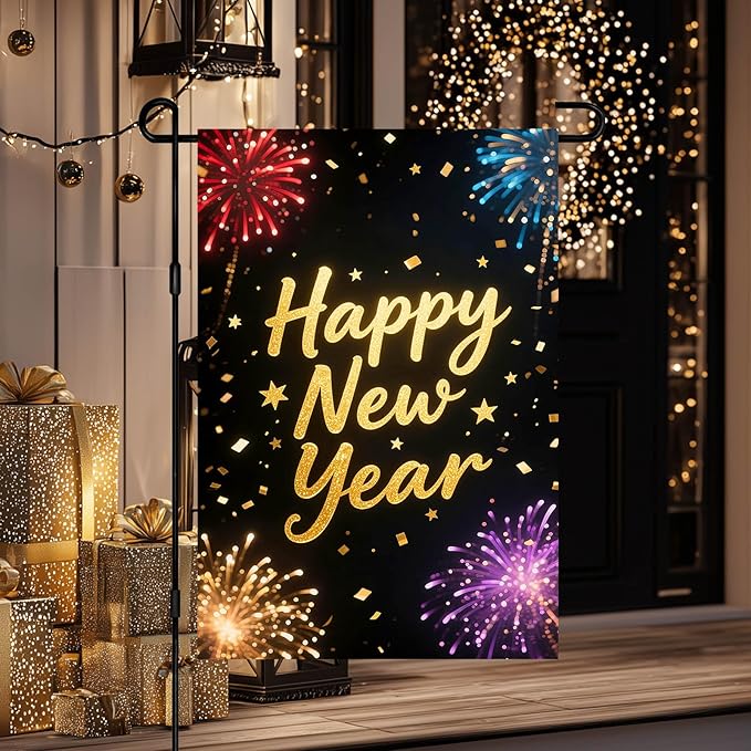 Happy New Year Garden Flag 12x18 Inch Double Sided Celebration Flag Banner Outdoor Yard Decoration for Home Lawn Porch House Seasonal Holiday Welcome Garden Flags