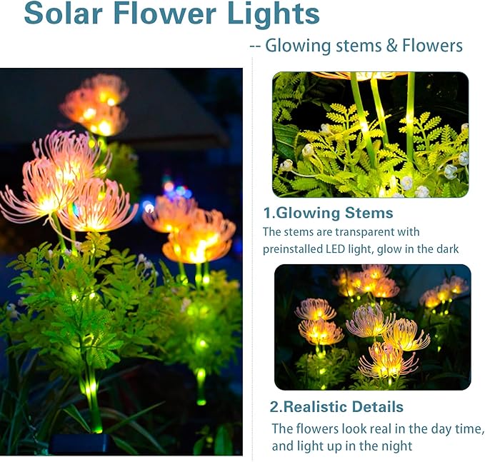 DooYard Solar Garden Lights, Solar Flowers Lights with Glowing Flowers & Stems, Upgraded Solar Panel, Outdoor Lights for Garden Decoration,Yard Decor and Gift for Mother (4 Pack)