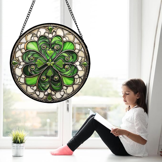 Stained Glass Window Hanging St. Ripak Festival Green Lucky Clover 9.8" - Suncatcher Door Garden Sun Catcher Ireland Decor Mother's Day for Mom Woman Her Men Sisters