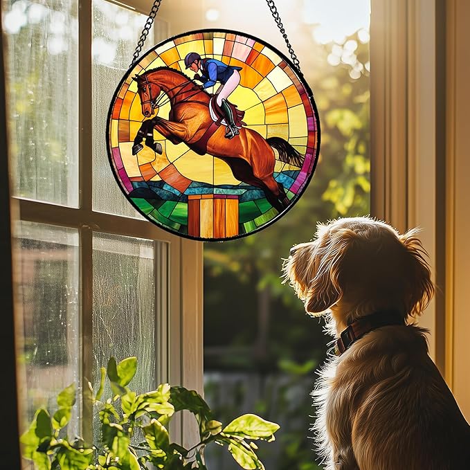 Stained Glass Window Hanging Equestrian Sports Large 15" - Horse Suncatcher Door Garden Sunroom Sun Catcher Home Decor Birthday Christmas for Mom Men Woman Nana