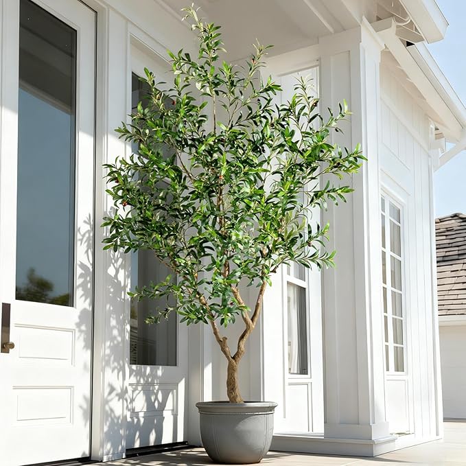 Erimda 8FT Faux Olive Tree with Tall Exquisite Planter Artificial Olive Tree Tall, Potted Fake Olive Plant with 2070 Real Touch Leaves, Indoor Outdoor Home Garden Office Decor