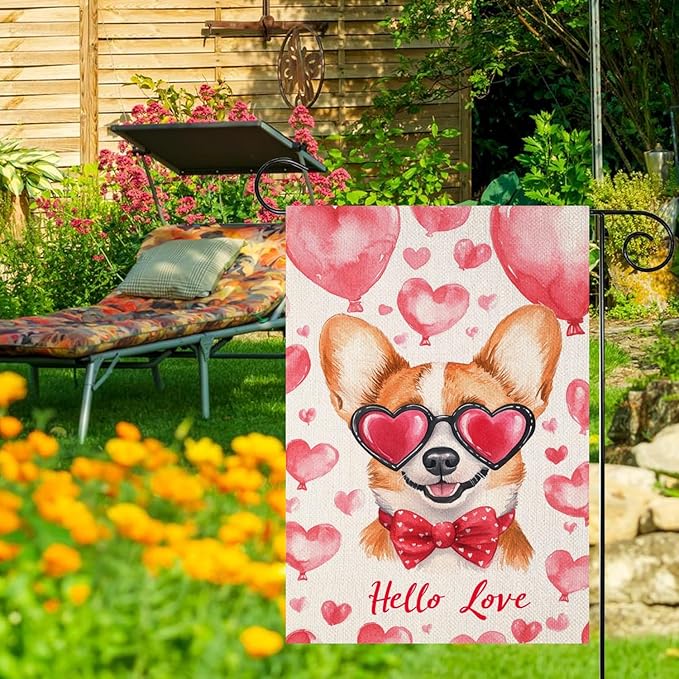 Valentine's Day Corgi Hello Love Garden Flag, House Yard Plaid Love Heart Outside Decoration, Spring Holiday Wedding Anniversary Outdoor Small Decor 12x18(12644)