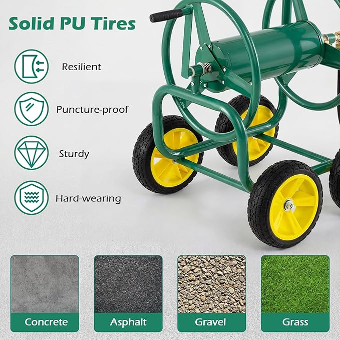 Garden Hose Reel Cart, Mobile Water Hose Cart with Heavy-duty Metal Frame & 4 Solid Wheels, Hold up to 330 ft of 5/8" Hoses, Outdoor Planting Tool for Lawn & Backyard (Green)