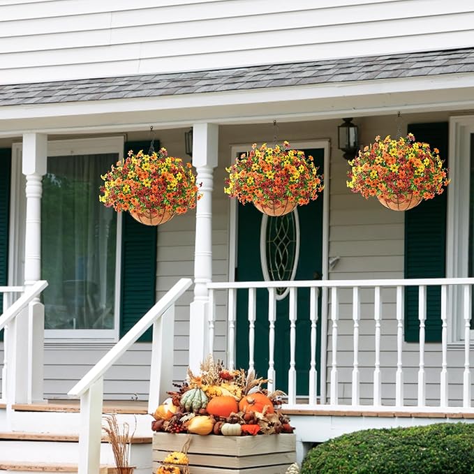 INQCMY Artificial Flowers Hanging Baskets for Outdoors Spring Decor, 12 Bundles Fake Plants Faux Silk Daisy with Eucalyptus Stem UV Resistant for Outside Patio Balcony Garden(Orange Brown Yellow)