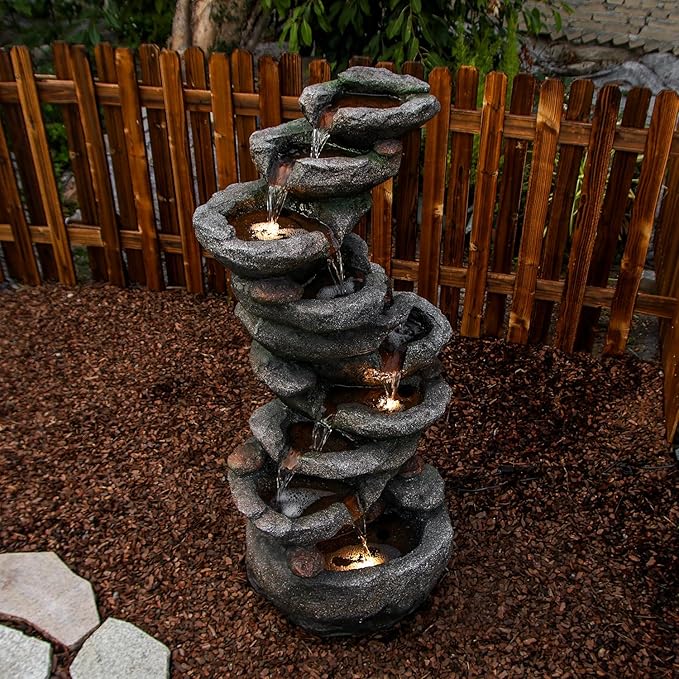 YZM 10-Tier Cascading Rock Water Fountain Outdoor Garden Waterfall Fountains Patio Backyard Deck Porch Pond Art Decor for Outside 39.76" H Outdoor Feature with LED Lights
