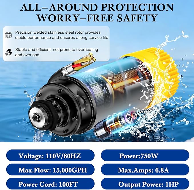 Pond Fountain Aerator with Lights Burnvale BU-F5, 2 RGB LED 1HP 15000 GPH Floating Aerating Fountain with Timer, 100FT Power Cord and Rope Aerator Water Pump, for Large Outdoor Ponds Lakes and Pool