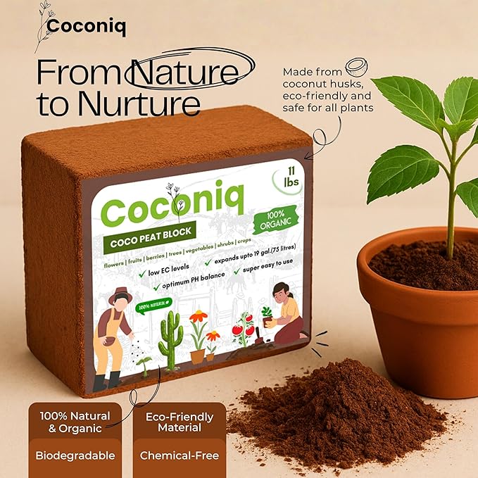 COCONIQ Coco Coir Block 4 Blocks (40 Pounds) - Large Compressed Coconut Fiber Brick for Potting, Gardening, Planting, Seed Starting, Indoor & Outdoor Plants