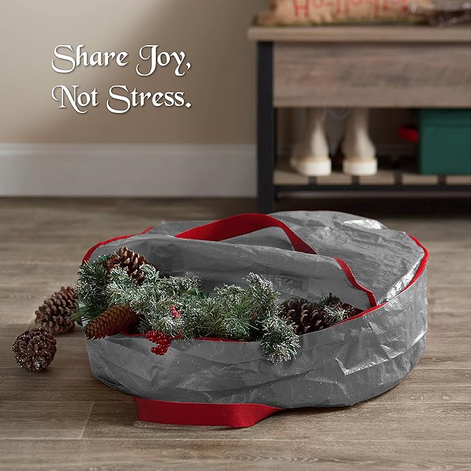 ZOBER Christmas Wreath Storage Container 30 Inch - Wreath Bag for Artificial Wreaths Box - Dual Zippered Wreaths Storage Bag with Strong Durable Handles - Gray