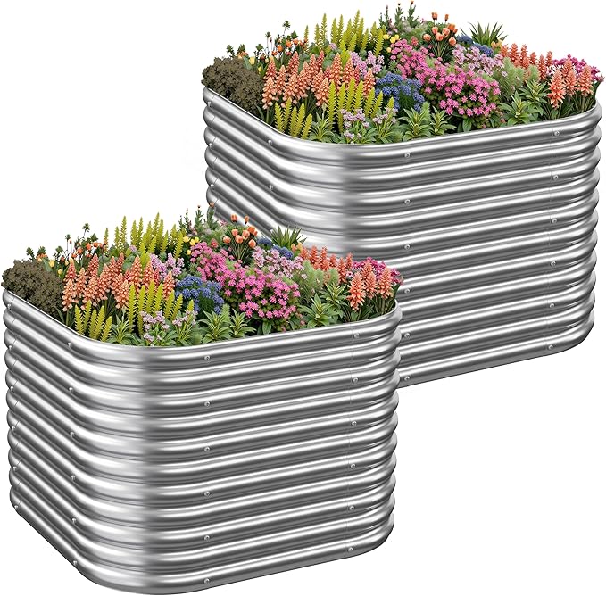2 Pack Tall 2x2FT Raised Beds for Gardening, Corrugated Galvanized Steel Raised Garden Bed, Outdoor Metal Above Ground Garden Bed for Vegetables and Flowers-2x2FTx16Inch