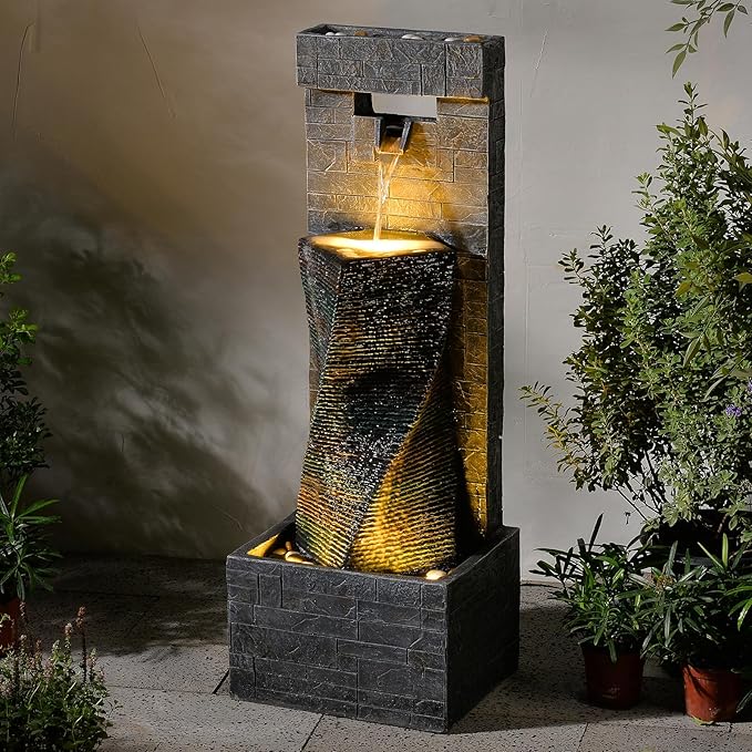 39.8’’ Tall Modern Spiral Waterfall Fountain Outdoor/Indoor Water Fountain Resin Stone-Like Water Feature with LED Lights for Outside, Garden, Patio, Porch, Deck, Backyard, Home Decor