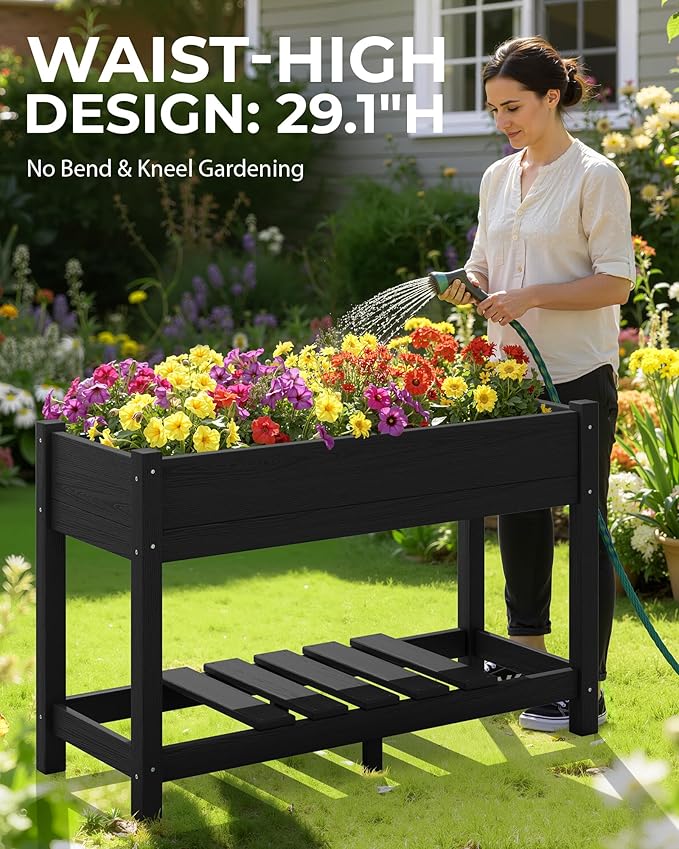 SERWALL Raised Garden Bed with Legs Set of 2, 43"×17"×30" Large HDPE Elevated Planter Box for Vegetables Flower Herb Patio, All Weather Use-Black