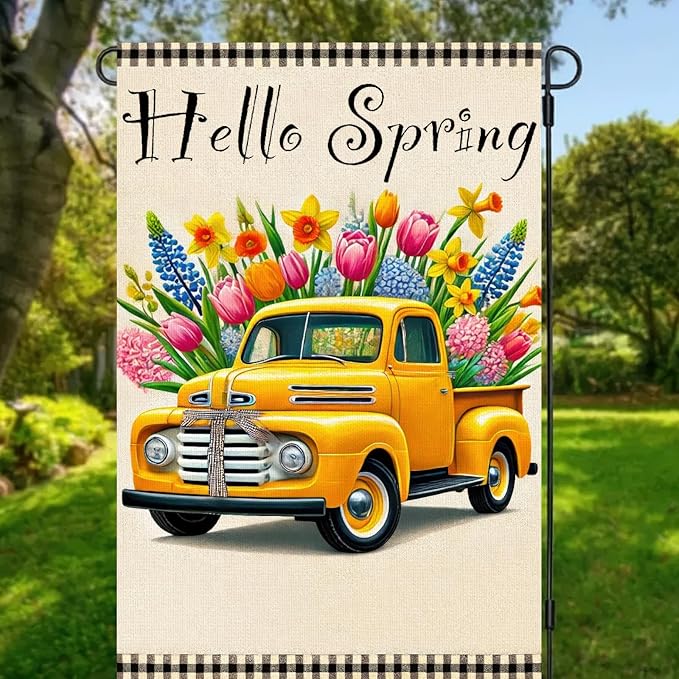 Hello Spring Garden Flag 12 x 18 Inch Double Sided Welcome Spring Flowers Truck Yard Flag Seasonal Outdoor Decor Home Party Porch Yard Farmhouse Holiday Outdoor Decor Flags