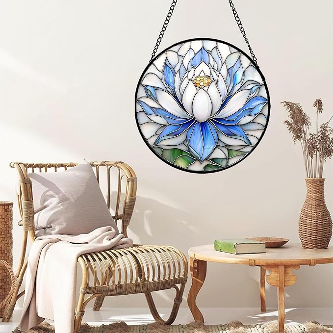 HWRHTR Stained Glass Window Hanging - Blue and White Lotus Petal Suncatcher for Doors Window Home Sun Catchers Decor Christmas Mother's Day July Birthday Gifts for Teacher Women Men Mom Nana 14.9 in