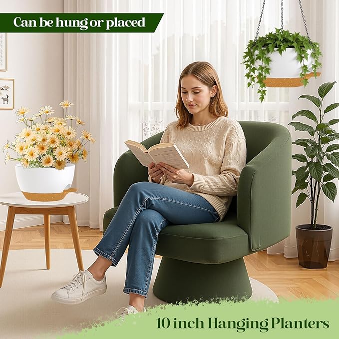 zople 10 Inch Hanging Planters with Chains 2 Pack Self Watering White Brown Plastic Hanging Pots for Indoor Outdoor Plants, Garden Porch Home Decor (White Brown)