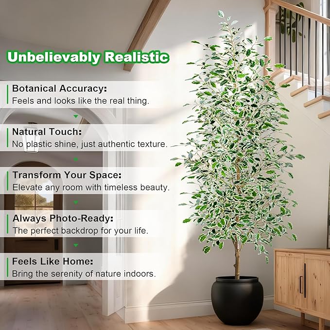 8FT Artificial Ficus Trees Indoor Faux Trees Indoor Fake Floor Plants Tall Artificial Tree with White Pot Faux Tree Fake Indoor Tree Silk Plants Artificial Trees for Home Decor Indoor