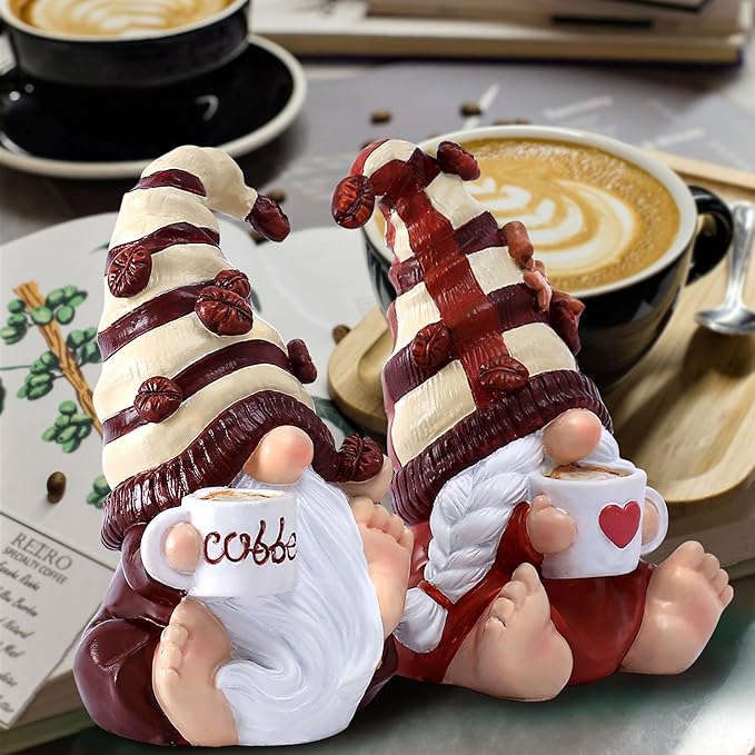 2PCS Coffee Gnomes Figurines Valentines Day Decorations Valentines Gifts Coffee Bar Accessories Decor Elfs Statue Cute Resin Housewarming Gifts for Women Tiered Tray Table Ornament,Sit 4.7H
