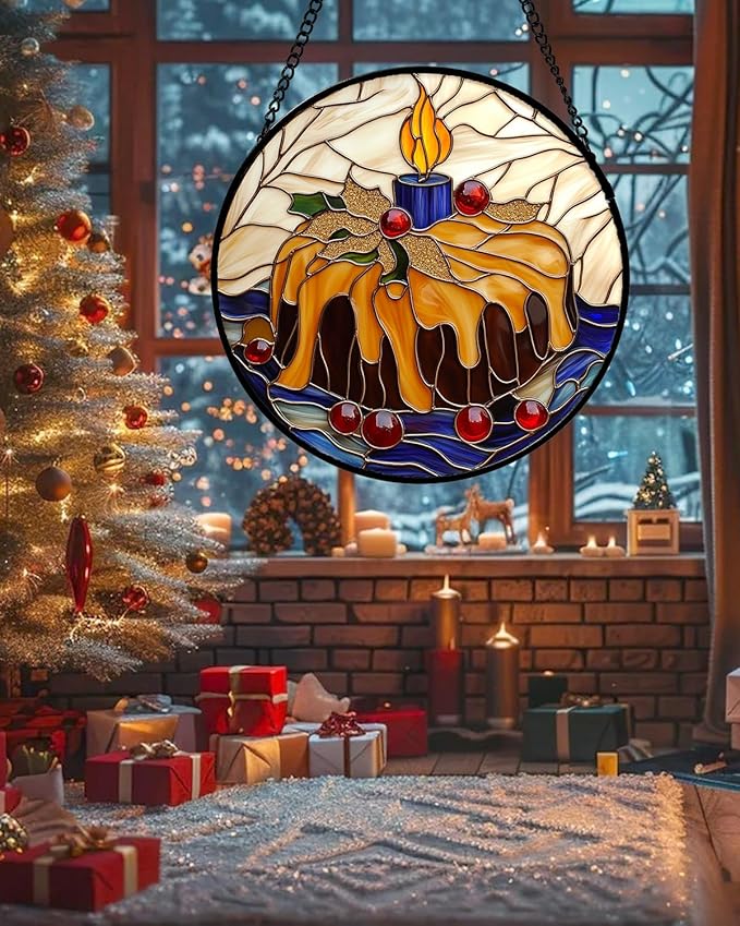 Stained Glass Window Hanging - Blue Candle Cake Suncatcher for Doors Home Christmas Decoration Winter Sun Catcher Thanksgiving New Year Birthday Gifts for Women Men Mom Nana Girl 6.3 in