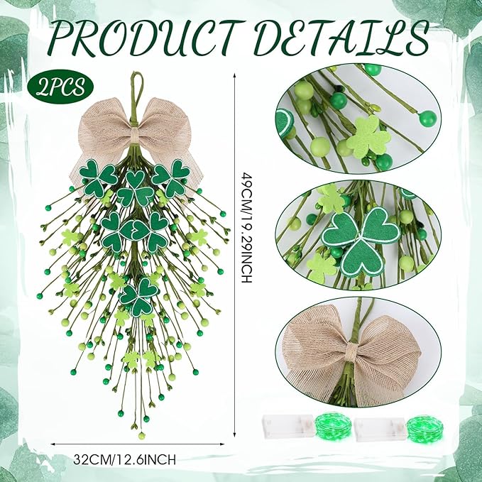 2 PCS St.Patrick's Day Swag Wreath for Front Door St. Patricks Day Teardrop Swags Artificial Felt Shamrock Kitchen Cabinet Swags Wreaths with Green Irish Clover Hanging Decor for Home Wall Window