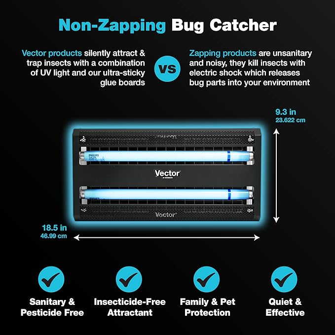 Catchmaster Vector 30 Black, UV Light Fly Traps Indoor for Home, Electric Gnat Traps for House Indoor, Shatterproof Bulbs UV Lamp Insect & Mosquito Killer, Silent Bug Light for Kitchen, Shed, Garage