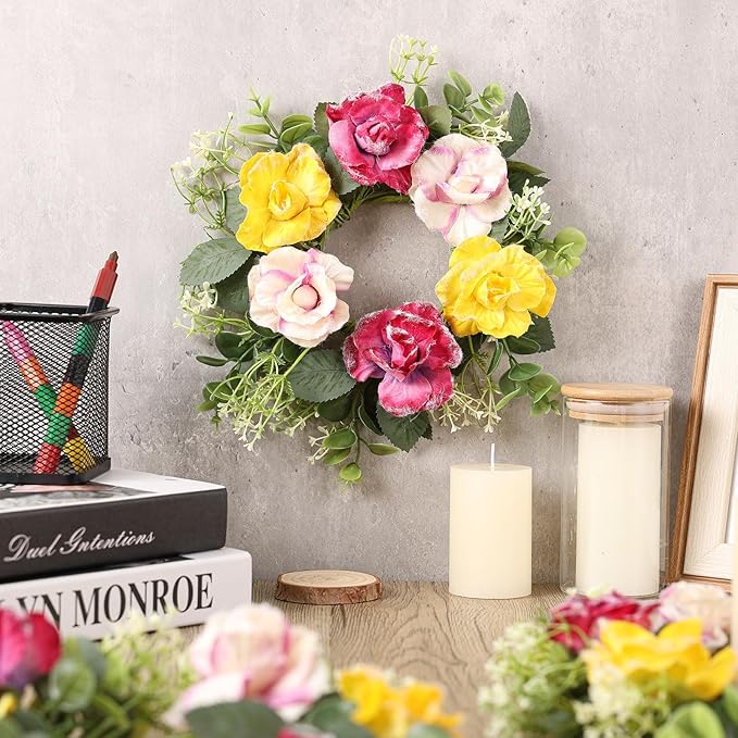 6 Pcs Artificial Rose Wreaths for Kitchen Cabinet Mini Floral Wreath Colourful Roses Hanging Wreaths for Pillar Front Door Porch Wall Window Farmhouse Decoration