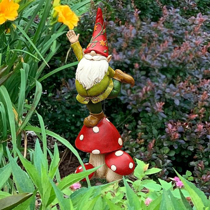 DUSVALLY Gnomes Statue and Garden Resin Statue Dwarf Standing on Mushroom, Outdoor Decoration for Patio Yard Lawn Porch, Spring Decor Housewarming 13" H