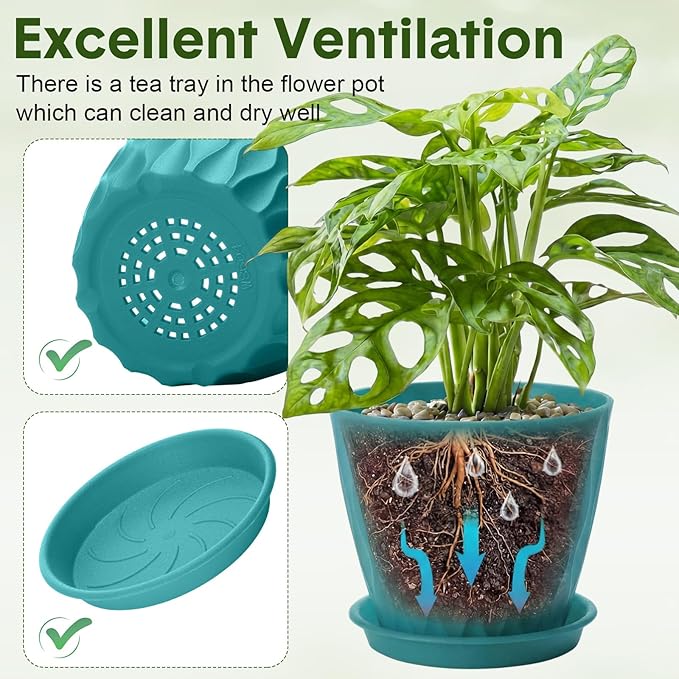 Acellegic 24 Pack 4 Inch Small Pots for Succulents, Waffle Texture Pots with Tray, Plastic Planter with Drainage Holes and Saucers, for Indoor Outdoor Plants Flowers, Seedlings (Lake Green)