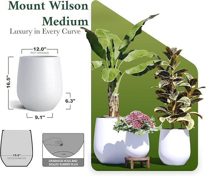 DTY Signature Mount Wilson 15''D x 16.5''H Modern Indoor Outdoor Fiberstone Tapered Planter, Lightweight, Weather Resistant Garden Pot with Drainage Hole & Rubber Plug - White, Medium