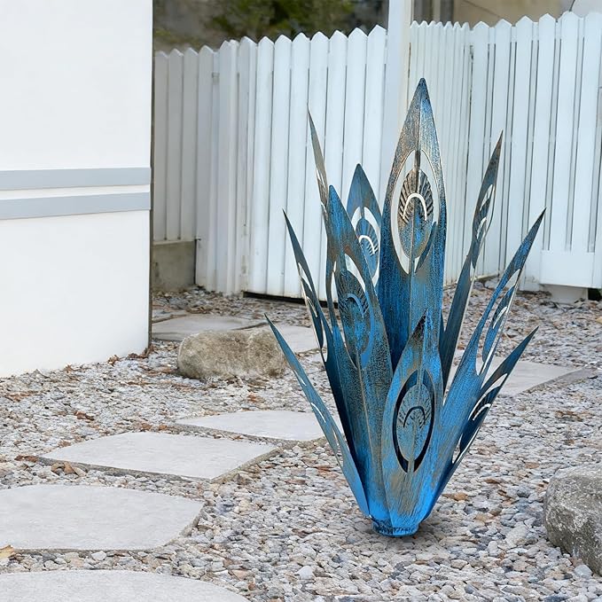 Tequila Rustic Sculpture DIY Metal Agave Plant Home Decor Rustic Hand Painted Metal Agave Garden Ornaments Outdoor Decor Figurines Home Yard Decorations Stakes Lawn Ornaments (Blue new 2PCS)