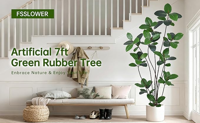Artificial Green Rubber Tree 7FT with 68 Glossy Leaves & 10 Heads & Black Pot Lifelike Tall Large Faux Tropical Ficus Elastica Plant 84 Inch for Indoor Home Office Store Corner Modern Decor