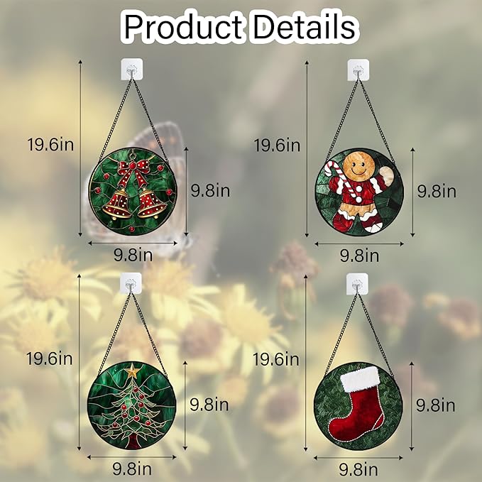 AMDERVEN Stained Glass Window Hanging 4 Pcs Set Red Christmas Stockings and Gingerbread 9.8" - Suncatcher Door Garden Sun Catcher Decor Birthday Mother's Day Xmas Gifts for Mom Woman Nana Men