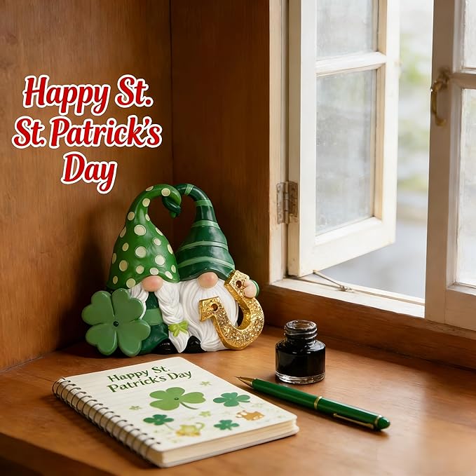 Hodao Green St. Patrick's Day Couple's Gnome 3.75" H Resin Standing Figurine for Spring-Lucky Man with Love Intertwined Home Holiday Decorations Indoor Home Decor Lucky Green Gnome