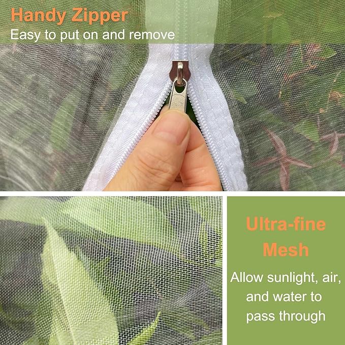 2 Pcs Fruit Tree Netting with Zipper & Drawstring, 6ft x 6ft Insect & Bird Netting for Garden Protection, Ultra-Fine Mesh Garden Netting Pest Barrier, Blueberry Bush Netting Cover