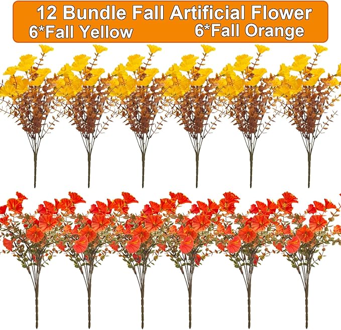 Grunyia Artificial Flowers Outdoor Fall Decor - 12 Pcs UV Resistant Fade Proof Fake Plants for Garden Porch, Thanksgiving Autumn Decorations, Waterproof for All Weather