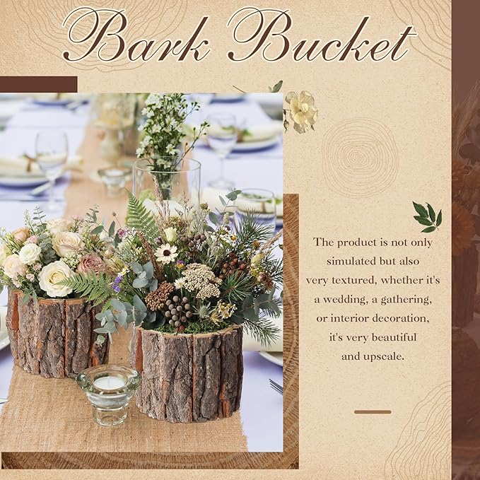 8 Set Wooden Vase for Centerpieces Wooden Flower Vase with Fake Green Moss Rustic Bark Stump Buckets Vintage Wood Planter Pots for Woodland Party Wedding Window Home Farmhouse Table Decor