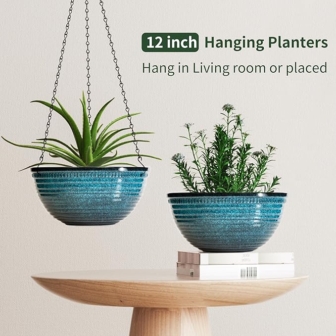 LESOASIS 12 inch Large Hanging Planters for Indoor Outdoor Plants, Set of 2 Glazed Hanging Flower Pots with Drainage Hole, Hanging Baskets for Garden Home Porch Decor