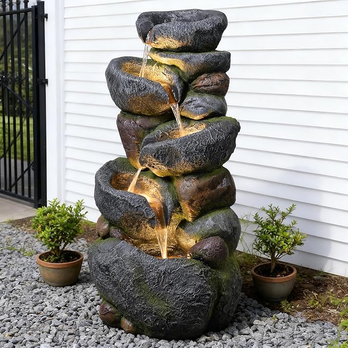 36.2''Tall Rock Outdoor Water Fountain, 5 Tiers Cascading Natural Outdoor Fountains and Waterfalls with LED Lights, Water Feature for Garden, Patio, Deck, Backyard Decor