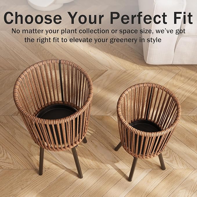 Set of 2 Rattan Plant Stand, Boho Wicker Planter Stand, Handwoven Mid Century Plant Holder for Living Room, Bedroom, Patio