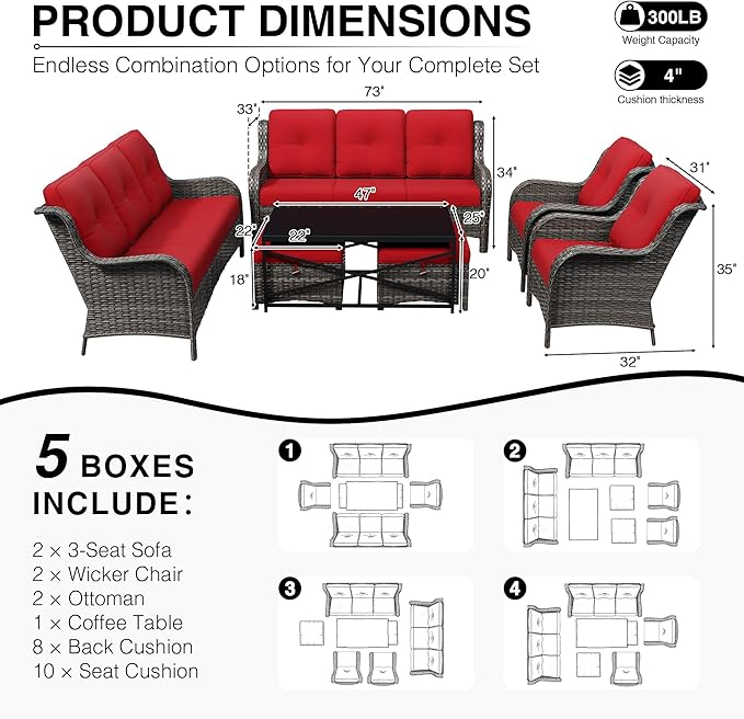 Joyside 7 Piece Wicker Patio Furniture Set, Rattan Patio Chairs with High Back, Deep Seating, Wide Armrest, Thickened Cushions, Outdoor Furniture for Deck, Porch Use