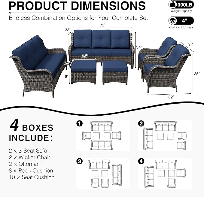 Joyside 6 Piece Wicker Patio Furniture Set, Rattan Patio Chairs with High Back, Deep Seating, Wide Armrest, Thickened Cushions, Outdoor Furniture for Deck, Porch Use