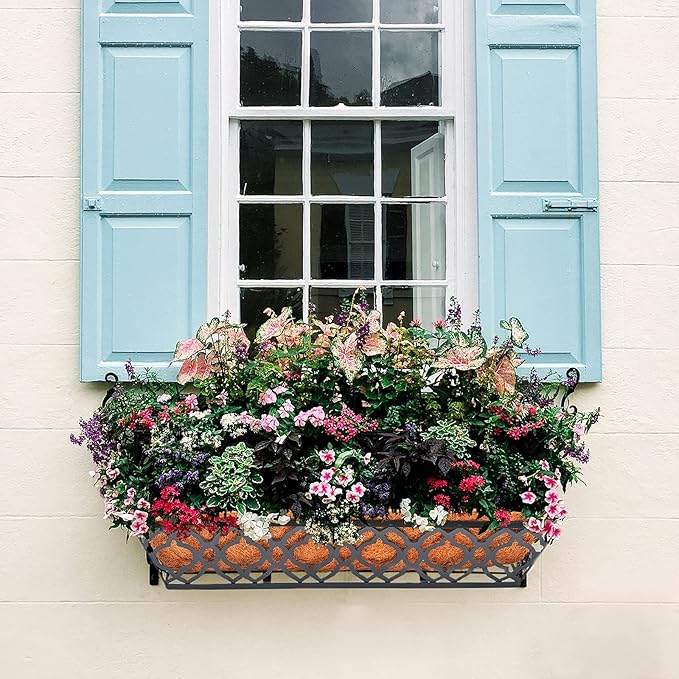 Y&M 24" Window Boxes Horse Trough with Coconut Coir Liner, 2pcs 24 Inch Window Deck with Coco Liner, Black Metal Hanging Flower Planter Window Basket Deck Railing Planter Boxes for Outdoor Indoor Lawn