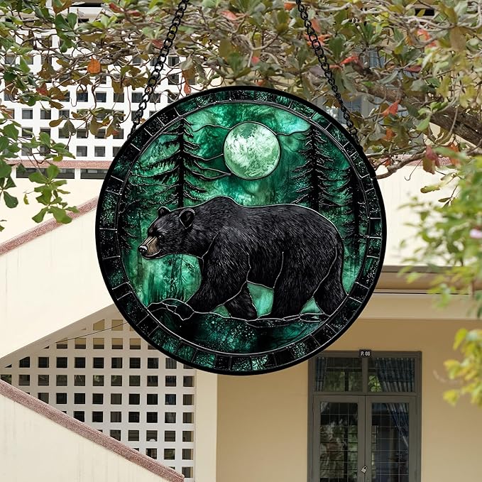 DASTOLL Stained Glass Window Hanging 4 Pcs Set Green Forest Night Sky Wildlife Large 11.8" - Suncatcher Door Garden Sun Catcher Decor Birthday for Mom Woman Nana Men Friend
