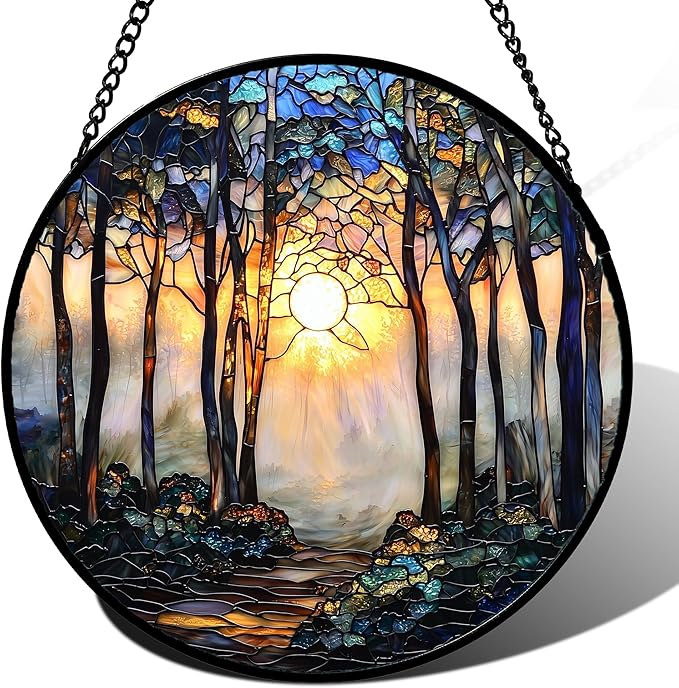 DASTOLL Stained Glass Window Hanging, Forest Sunrise Smoke Blue Brown Tree Suncatcher for Doors Window Home Landscape Sun Catchers Decor Mother's Day Birthday Gifts for Women, Men Mom 9.8 in