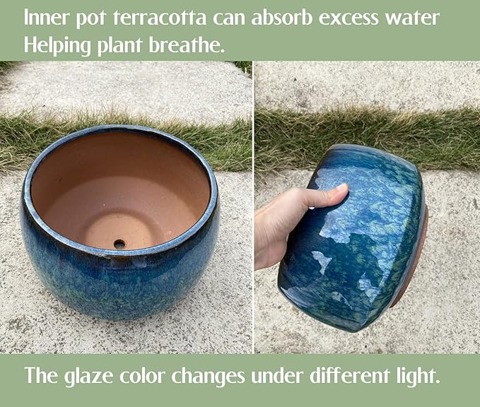 Casktcom Reactive Glaze Peacock Color 11" Ceramic Plant Pot, Large Blue Green Planter Artisan Flower Pot with Drainage Hole, Breathable Planter for Indoor Outdoor Plants