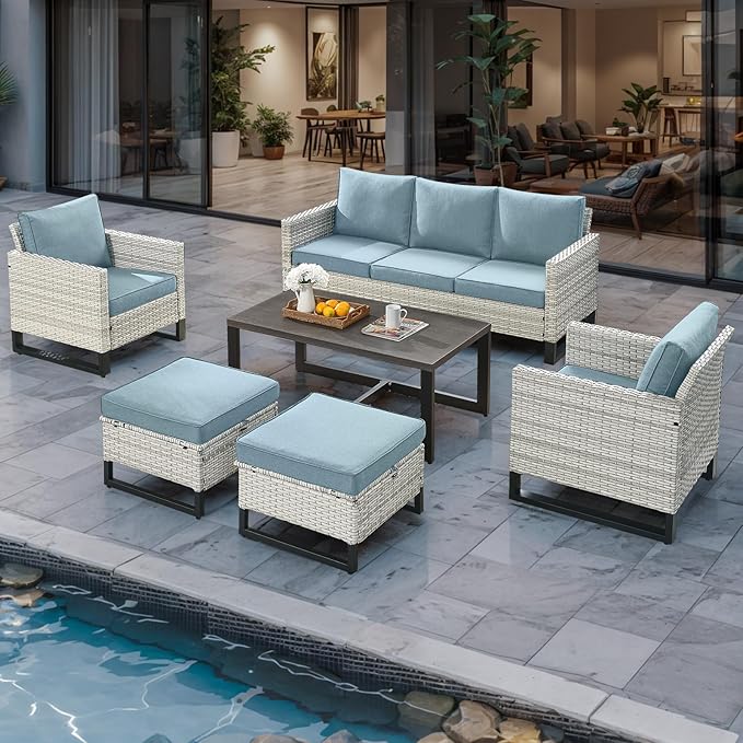 Rilyson Wicker Outdoor Couch Patio Sofa - 3 Seater Rattan Outdoor Patio Couch with Waterproof Wicker,Comfortable Cushions and Sturdy Metal Frame for Outside Porch Deck Backyard(Light Grey/Sky Blue)