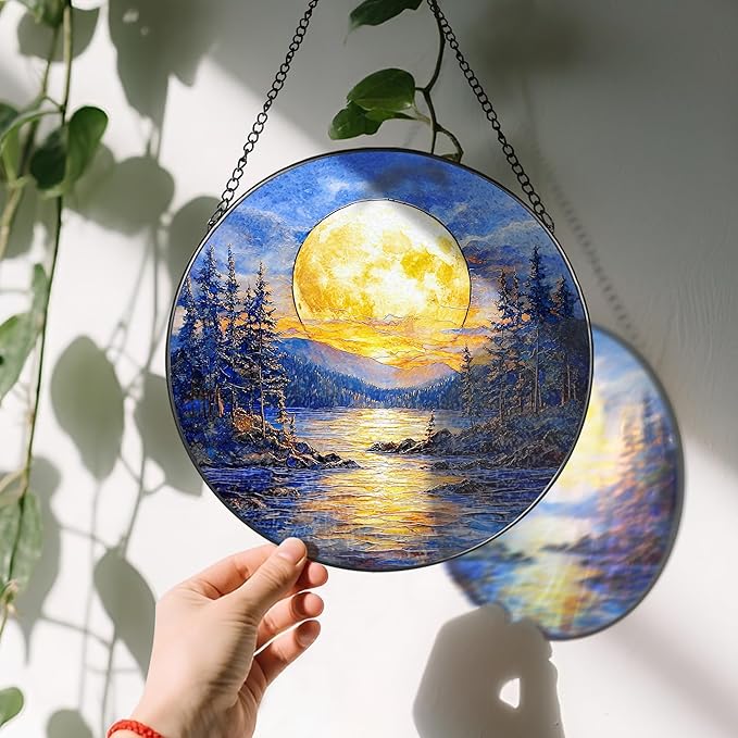 LAOWEIKI 8'' Full Moon Over Forest Lake Suncatcher Ornament, Stained Glass Window Hanging, Sun Catchers for Windows Hanging Ornaments, Window Decor | Gifts for Christmas, Birthday, Father's Day