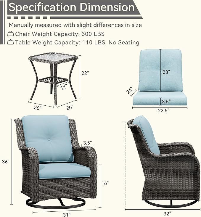 6 Piece Outdoor Wicker Patio Furniture Set, Outdoor Swivel Rocker Patio Chairs Set with Thickened Olefin Cushions, High Back and Deep Seating, Hand-Woven PE Rattan for Porch, Deck