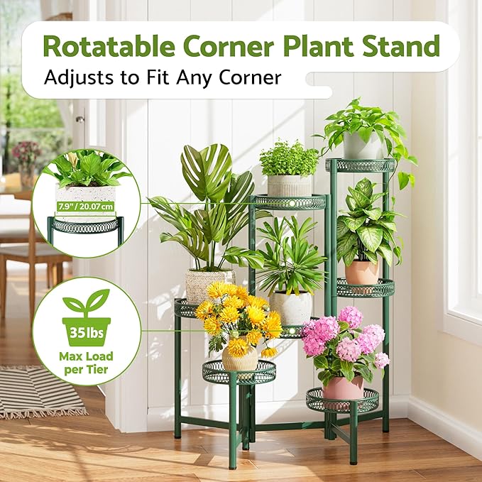 NQW 7 Tier Metal Corner Plant Stand Indoor Outdoor, Folding Tall Plant Rack, Heavy Duty Wrought Iron Flower Pot Stand, Planter Display Rack for Living Room Balcony Garden Patio - GreenFlower