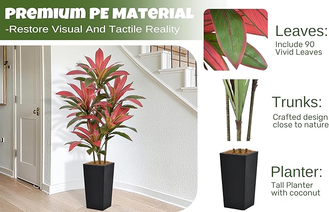 Roselywed Artificial Red Dracaena Tree 5FT with 90 Leaves & 6 Heads & Black Tall Planter Cover with Coconut Fiber Tall Faux Tropical Silk Bicolor Plant 60 Inch for Indoor Home Office Porch Mall Decor