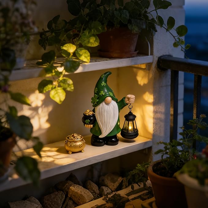 St Patrick's Day Gnome Decorations Outdoor, Solar Leprechaun Decor with Pot of Gold, Resin Figurine with Shamrocks & Solar Light for Garden Patio, Holiday Gift for Luck and Fortune